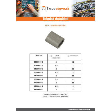 1 x Krympemuffe Aluminium til kabel tekstilkerne diameter 3 og metallisk kerne diameter 2,5