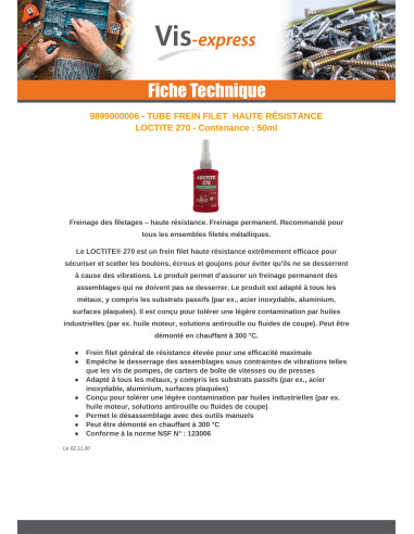 1 x Låsegevind høj styrke 50 ml LOCTITE 270