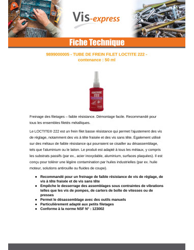 1 x Låsegevind lav styrke 50 ml LOCTITE 222
