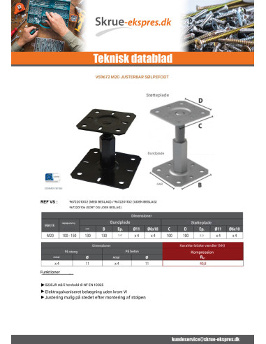 1 x Stolpebase justering 130X130 M20 Sort