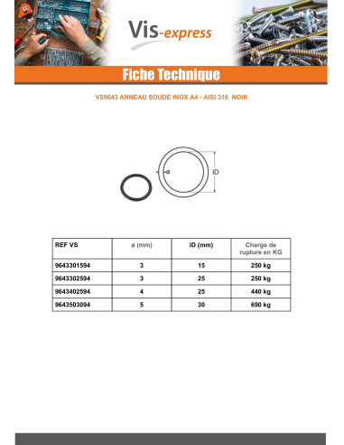 1 x Svejset ring Rustfrit stål A4 Sort 4X25
