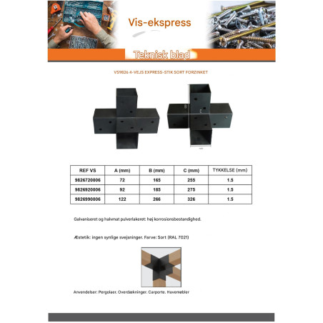1 x Samleplade EKSPRES 4 Retninger sort galvaniseret 122X266X326