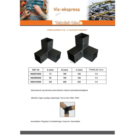 1 x Samleplade EKSPRES 3 Retninger sort galvaniseret 122X226X222