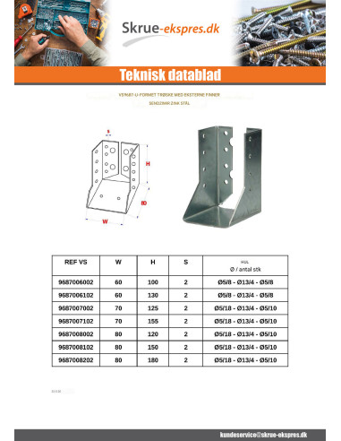1 x Bjælkesko U-formet to Vinger Indvendig...