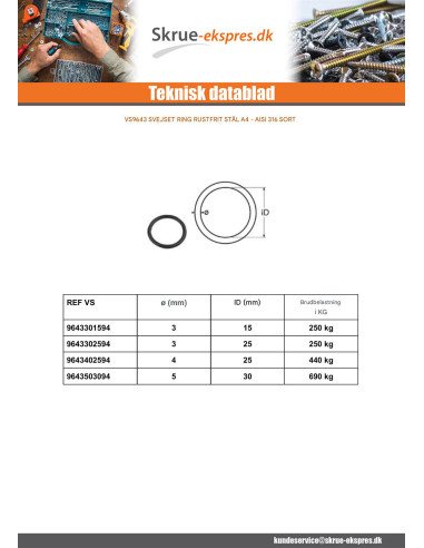 1 x Svejset ring Rustfrit stål A4 Sort 3X15