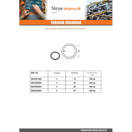 1 x Svejset ring Rustfrit stål A4 Sort 3X15