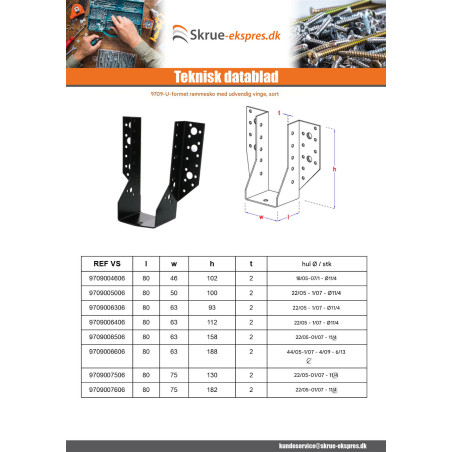 1 x Bjælkesko U-formet to Vinger udenfor 63X98 sort galvaniseret