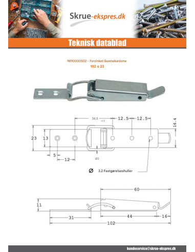 1 x Lås to håndtag elforzinket stål 102 X 23