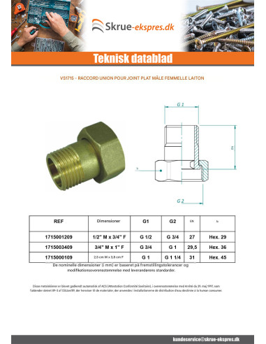 1 x Flad unionsfitting han/hun 1/2" X 3/4" Messing