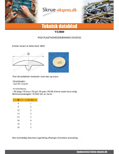 1 x Deksel for Skruehode Polyethyleen Pozi PZ8...