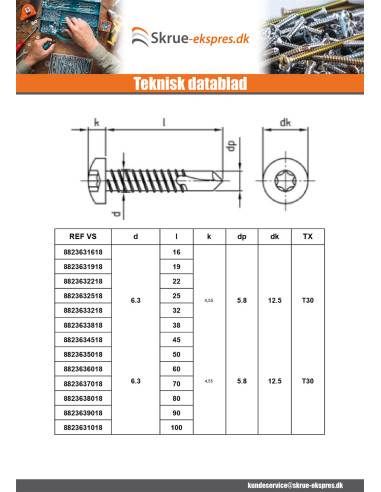 1 x Selvborende skrue panhoved 5,5X75 T25...