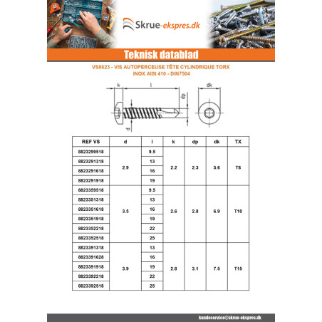 1 x Selvborende skrue panhoved 5,5X100 T25 Rustfrit stål AISI 410