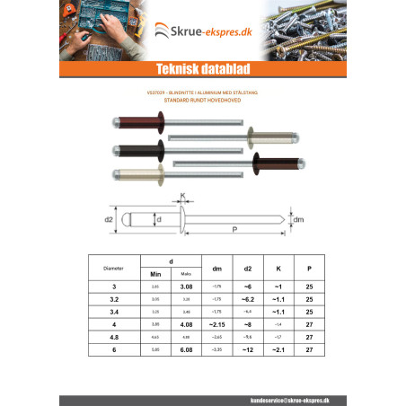 1 x Blindnitter Aluminium Tiger stål 3,4X7 Standard rund hoved Sort