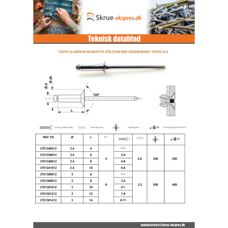 1 x Blindnitter Aluminium Tiger stål 4,8X16 Tykkelse stramning 9 to 11 forsænket hoved ALX