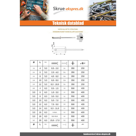 1 x Blindnitter Aluminium Tiger stål 4,8X100 Tykkelse stramning 85 to 90 Standard rund hoved