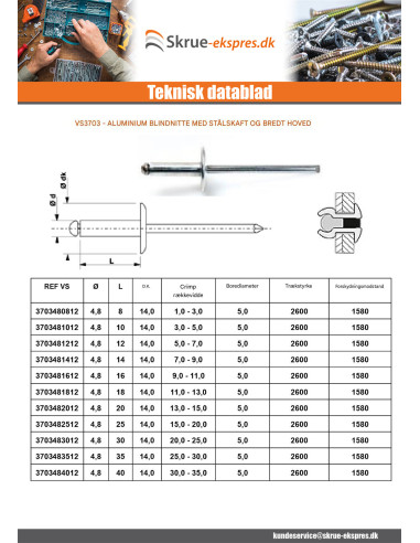 1 x Blindnitter Aluminium Tiger stål 4,8X12...