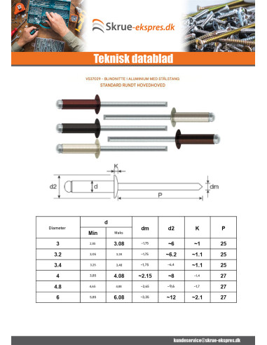 1 x Blindnitter Aluminium Tiger stål 3,4X9...