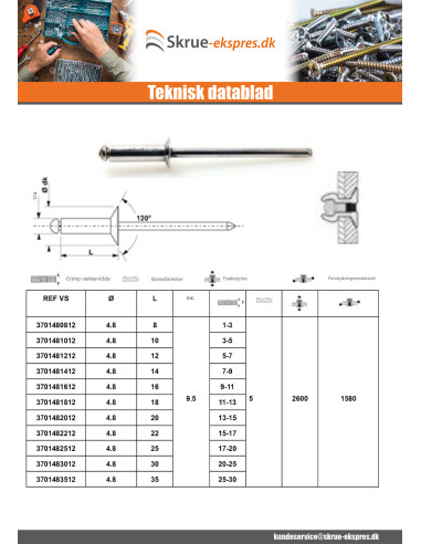 1 x Blindnitter Aluminium Tiger stål 4,8X8...