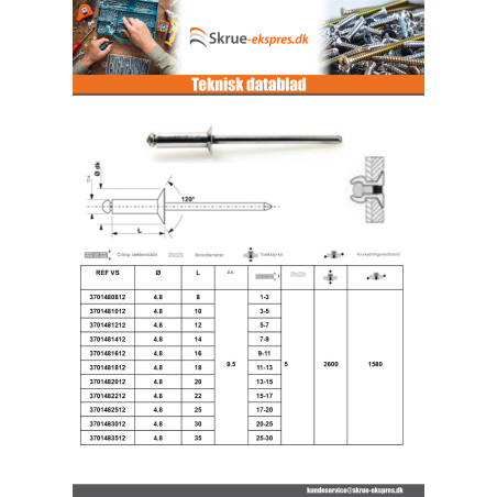 1 x Blindnitter Aluminium Tiger stål 4,8X8 Tykkelse stramning 1 to 3 forsænket hoved ALX