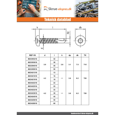 1 x Selvborende skrue panhoved 2,9X9,5 T8 Rustfrit stål AISI 410