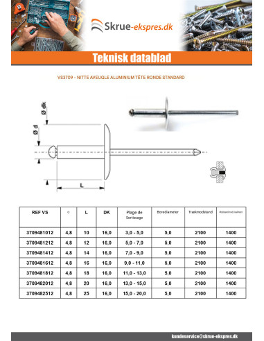 1 x Blindnitte, helt i aluminium 4,8X12...