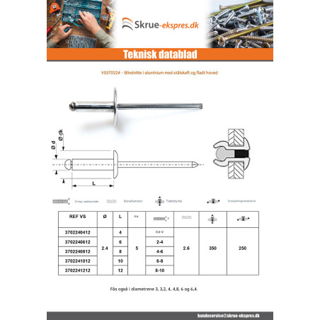 1 x Blindnitter Aluminium Tiger stål 2,4X6 Tykkelse stramning 2 to 4 Standard rund hoved ALX