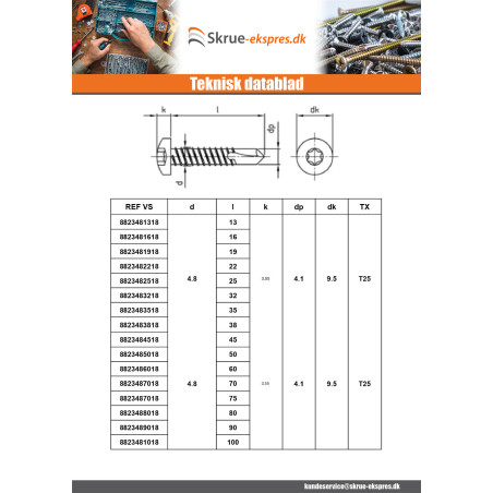 1 x Selvborende skrue panhoved 4,8X38 T25 Rustfrit stål AISI 410