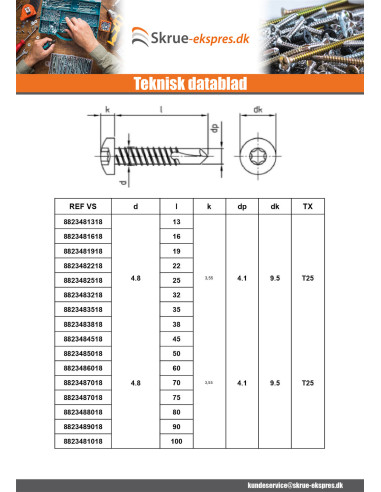 1 x Selvborende skrue panhoved 6,3X32 T30...
