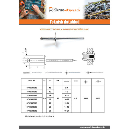 1 x Blindnitter Aluminium Tiger stål 6,4X12 Tykkelse stramning 4 to 6 Standard rund hoved ALX