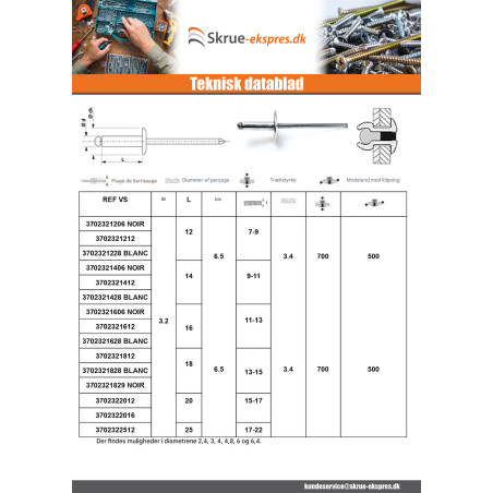 1 x Blindnitter Aluminium Tiger stål 3,2X6 Tykkelse stramning 1 to 3 Standard rund hoved Hvid