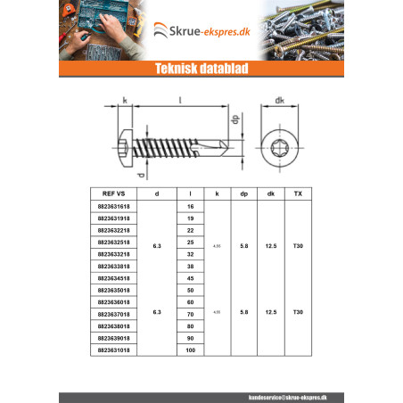 1 x Selvborende skrue panhoved 5,5X70 T25 Rustfrit stål AISI 410
