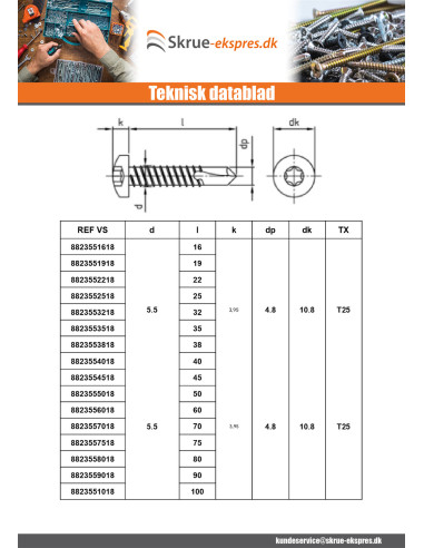 1 x Selvborende skrue panhoved 5,5X80 T25...