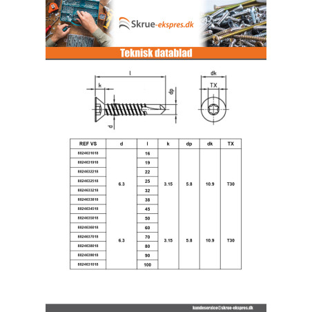 1 x Selvborende skrue forsænket hoved 4,8X45 T25 Rustfrit stål AISI 410