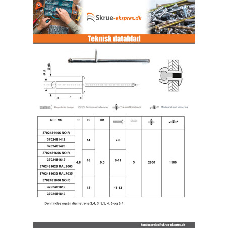 1 x Blindnitter Aluminium Tiger stål 4,8X50 Standard rund hoved ALX