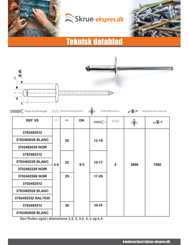 1 x Blindnitter Aluminium Tiger stål 4,8X12...