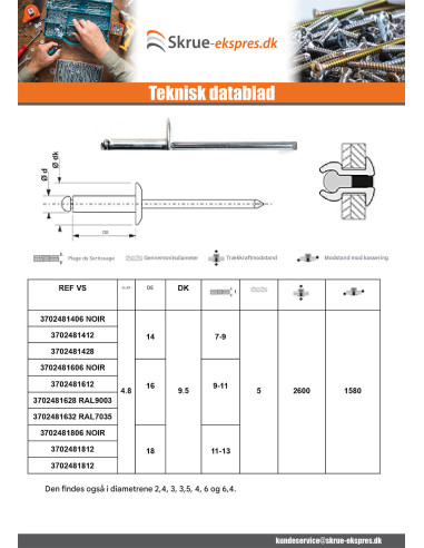 1 x Blindnitter Aluminium Tiger stål 4,8X40...