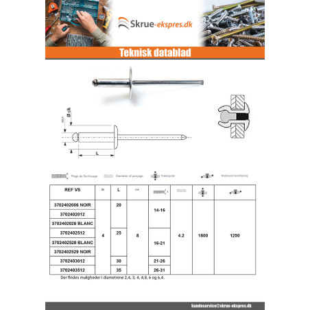 1 x Blindnitter Aluminium Tiger stål 4X10 Tykkelse stramning 4 to 6 Standard rund hoved ALX