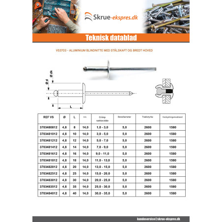 1 x Blindnitter Aluminium Tiger stål 4,8X20 Tykkelse stramning 13 to 15 stort hoved ALX