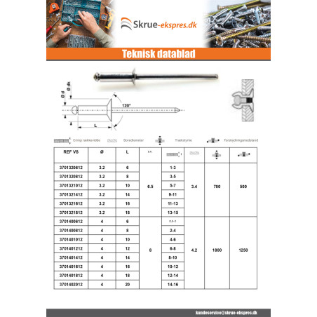 1 x Blindnitter Aluminium Tiger stål 4,8X20 Tykkelse stramning 13 to 15 forsænket hoved ALX