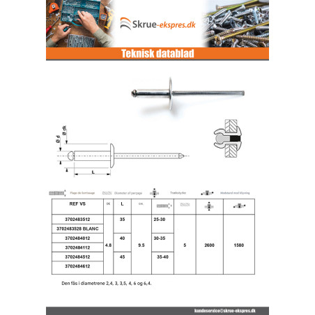 1 x Blindnitter Aluminium Tiger stål 4,8X8 Tykkelse stramning 1 to 3 Standard rund hoved ALX