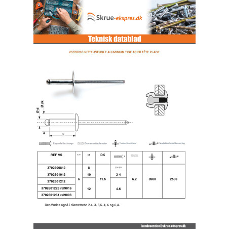 1 x Blindnitter Aluminium Tiger stål 6X10 Tykkelse stramning 2 to 4 Standard rund hoved ALX