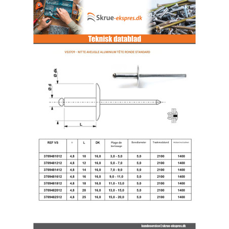 1 x Blindnitte, helt i aluminium 4,8X10 Tykkelse stramning 3 to 5 extra stort DINE