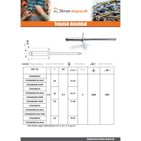1 x Blindnitter Aluminium Tiger stål 4,8X18 Tykkelse stramning 11 to 13 Standard rund hoved Hvid