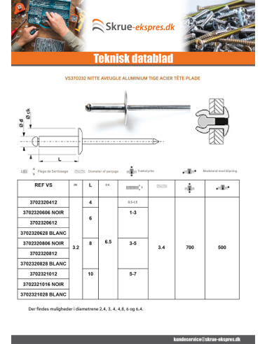 1 x Blindnitter Aluminium Tiger stål 3,2X6...