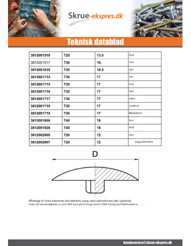 1 x Deksel for Skruehode T40 Hoveddiameter 18...