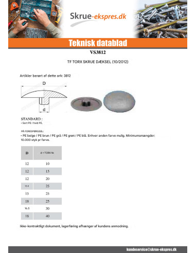 1 x Deksel for Skruehode T20 Hoveddiameter 12...