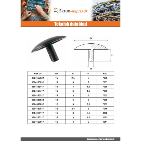 1 x Deksel for Skruehode Polyethyleen Hoveddiameter 15 Diameter gevind 2,5 Længde tråd 5 RAL9010 ren hvid