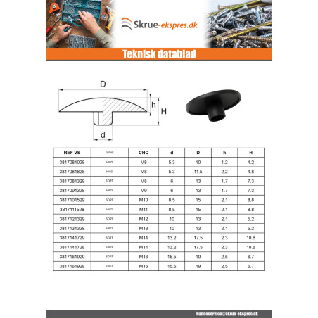 1 x Deksel for Skruehode Fatningshoved M4 Hoveddiameter 12 Sort
