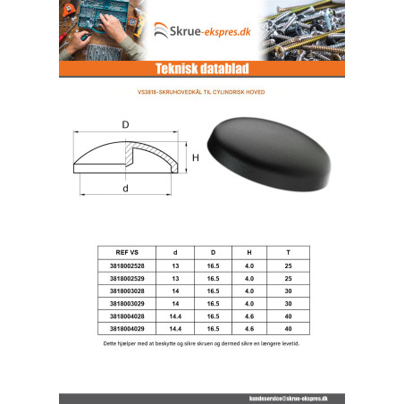 1 x Deksel for Skruehode T30 Hoveddiameter 16,5 Wit polyethyleen for panhoved