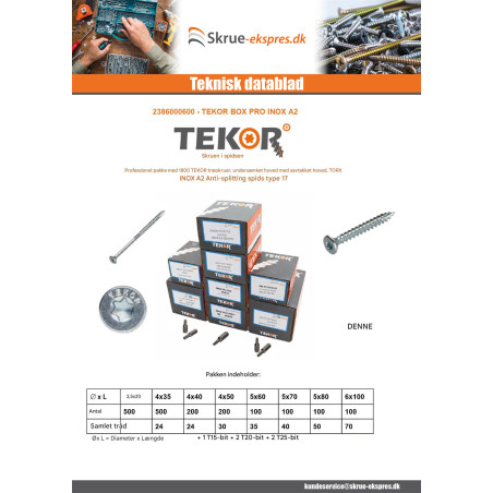 1 x TEKOR PAKKE PROFESSIONEL 1800 Skrue forsænket hoved med takker TORX Rustfrit stål A2
